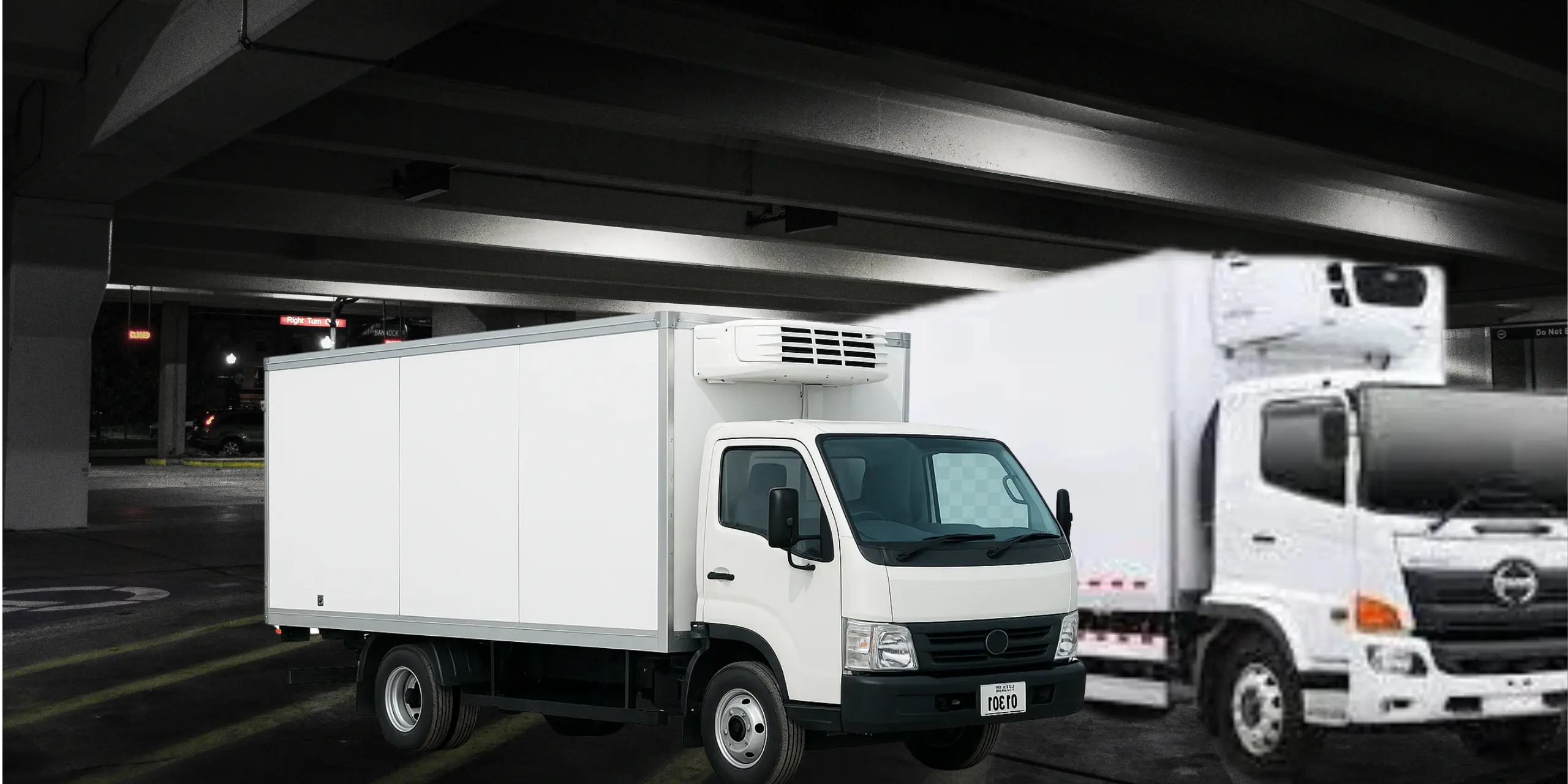 Chiller truck for rent parked in Dubai, ready for refrigerated delivery service