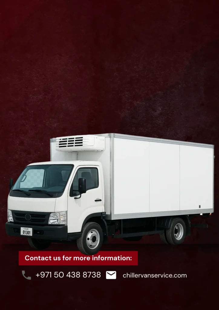 Chiller truck for rent parked in Dubai, ready for refrigerated delivery service